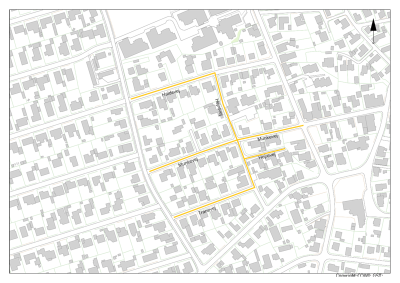 Oversigtskort over Munkevej, Hejrevej, Tranevej og Haldsvej i Strandby