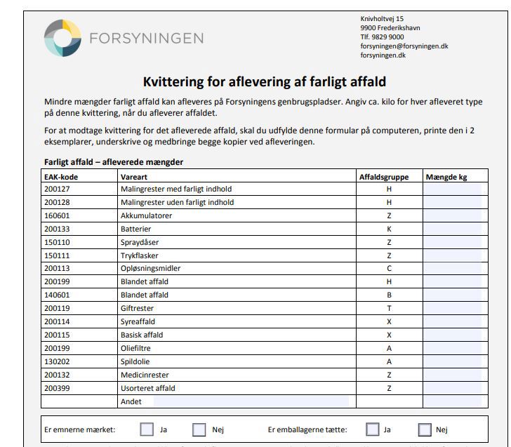 Kvittering for aflevering af farligt affald Kvittering for aflevering af farligt affald